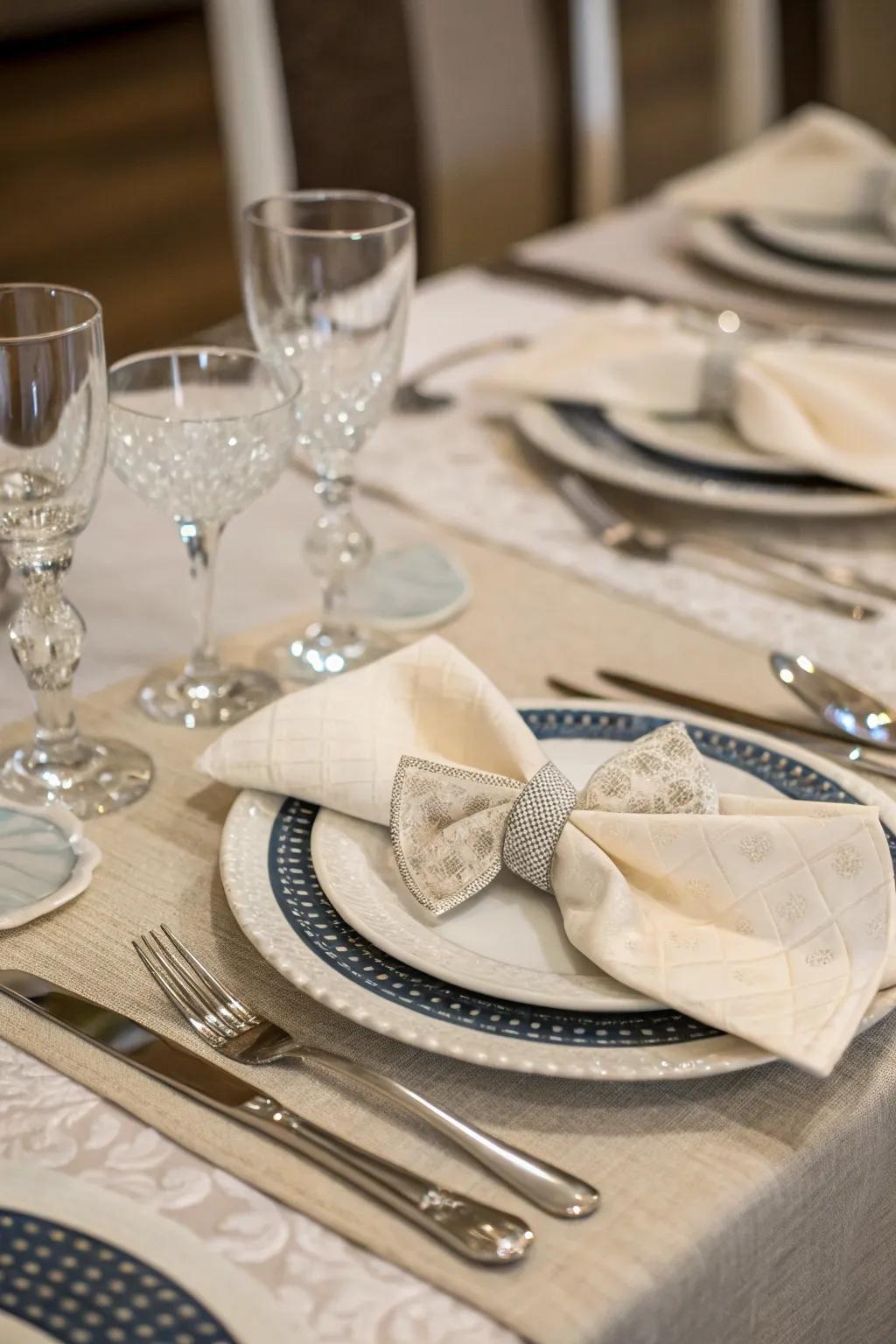 Sophisticated bow tie napkin designs for an elegant touch.