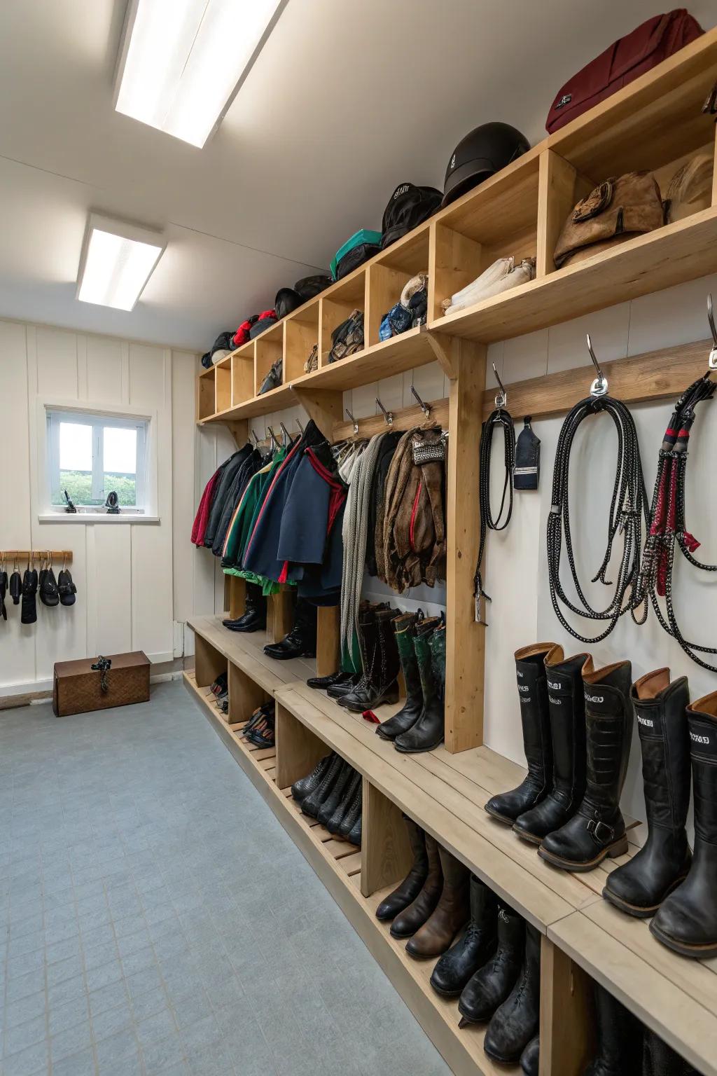 Boot shelves with hooks in a tack room for convenience and cleanliness.
