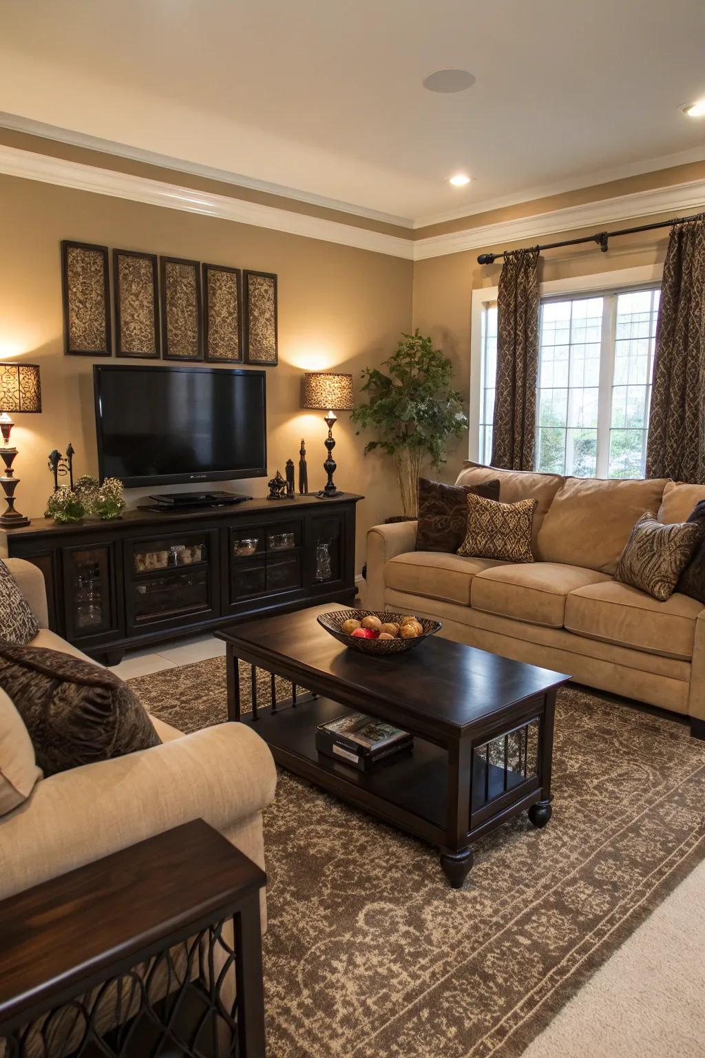 Dark features offer a sophisticated contrast to a sand-toned sofa.