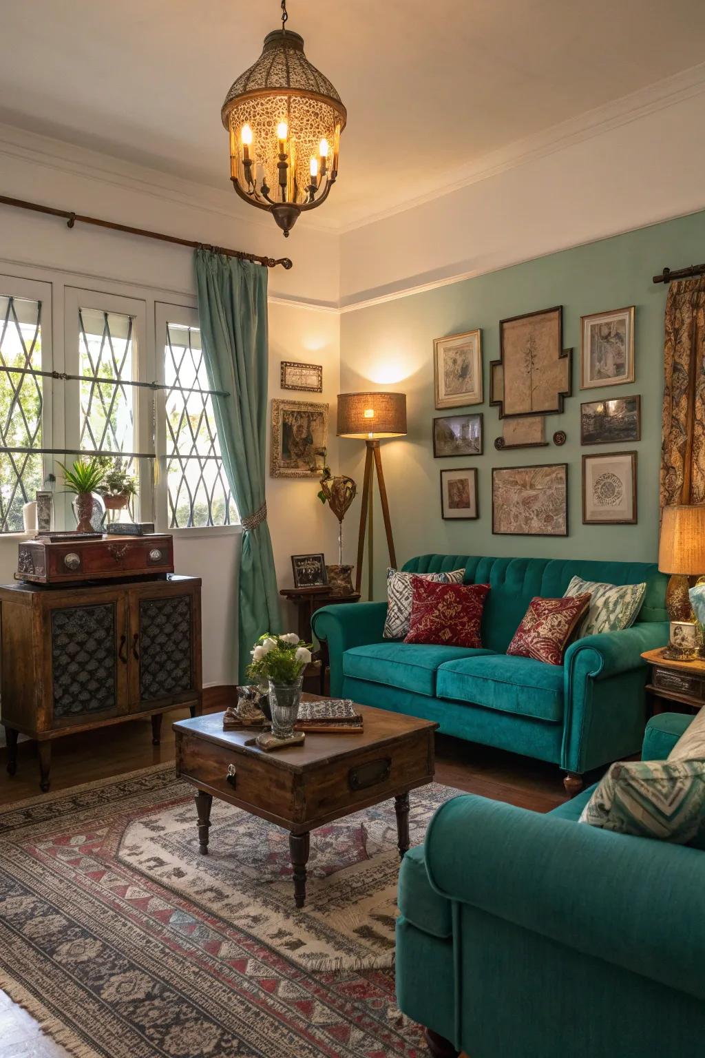 In this cozy space, teal and vintage decor combine to create a captivating, diverse combination.