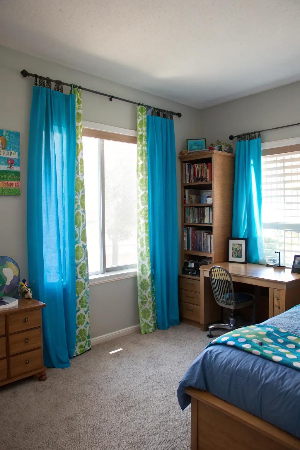 Bright curtains create a cheerful focal point in the room.
