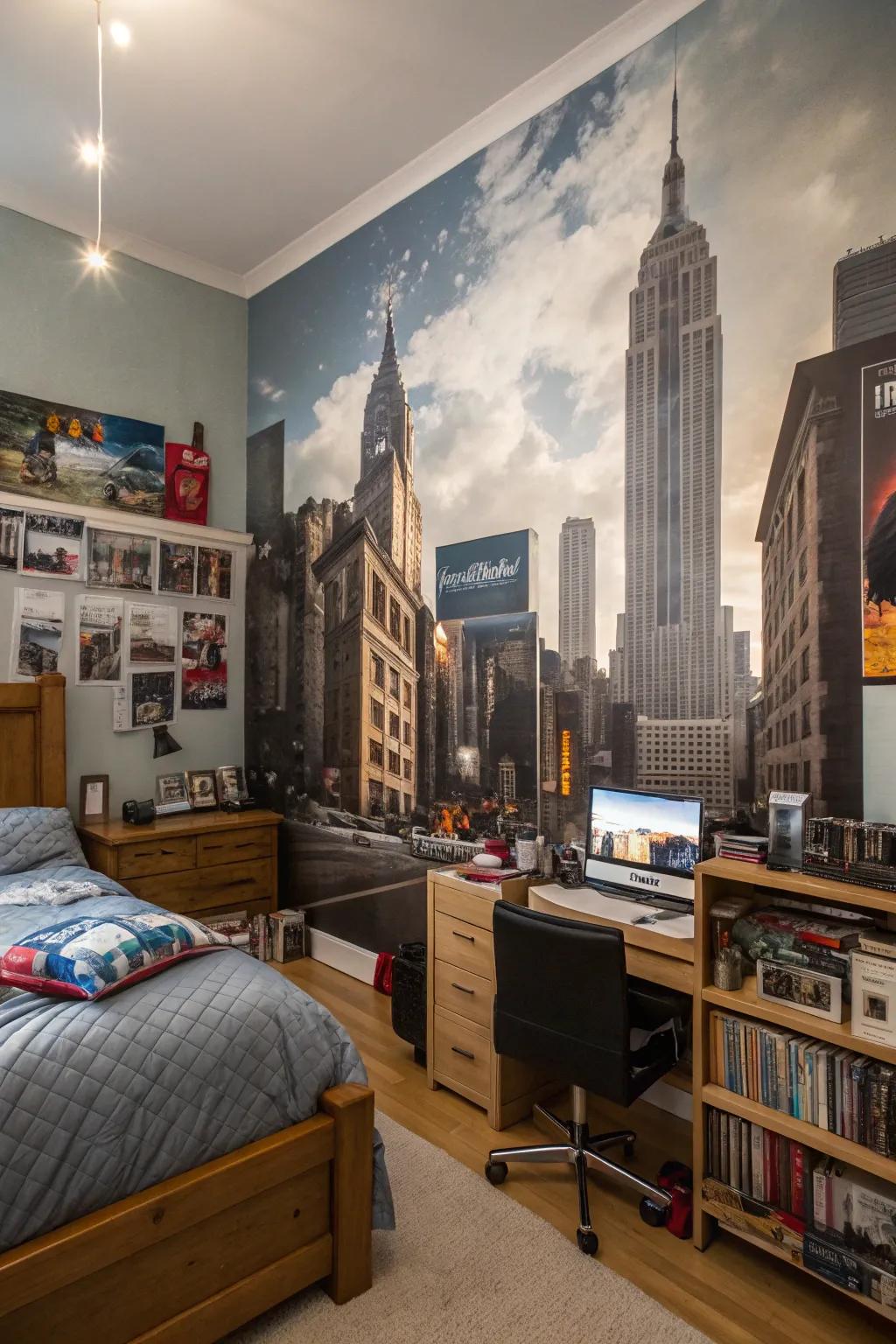 A cool wall picture showing a city makes a big statement in this teen boy's room.