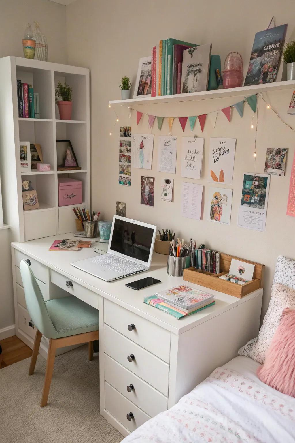 A functional desk location enhances productivity in a teen girl's room.