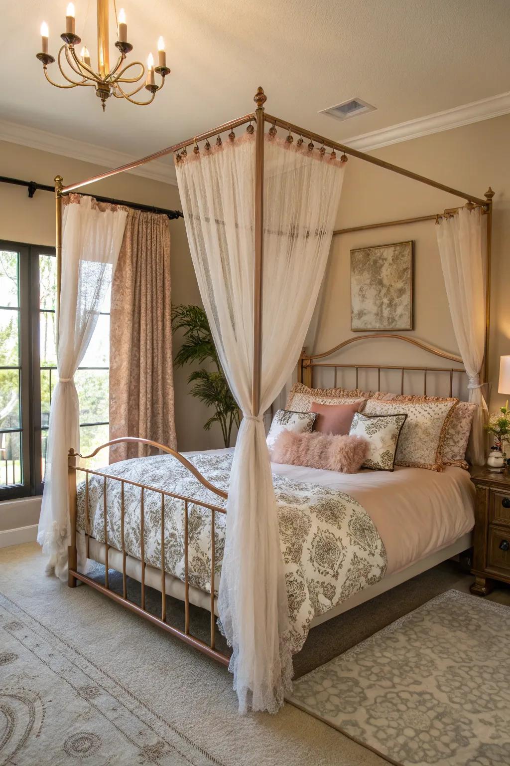A rose gold canopy bed becomes an elegant showpiece.