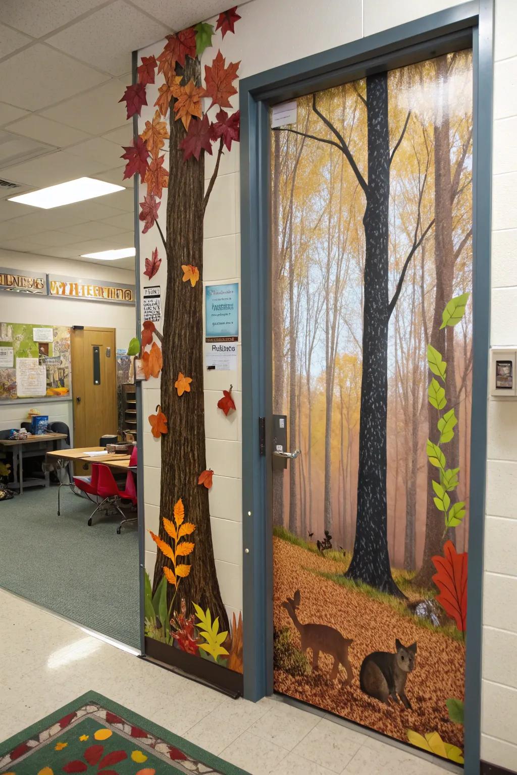 A fall forest scene door design capturing the essence of autumn.