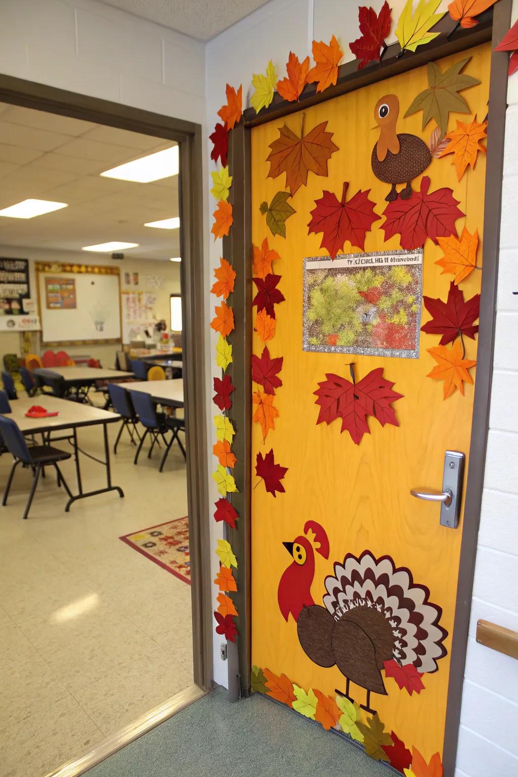 An inviting Thanksgiving-inspired entrance greets pupils.