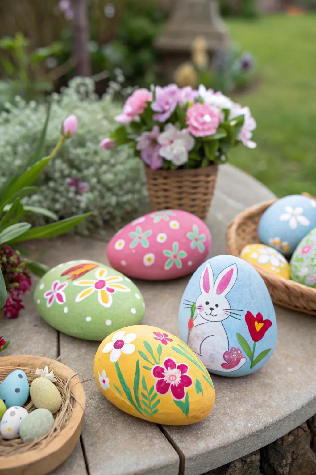 Painted Easter stones adding charm to the garden.