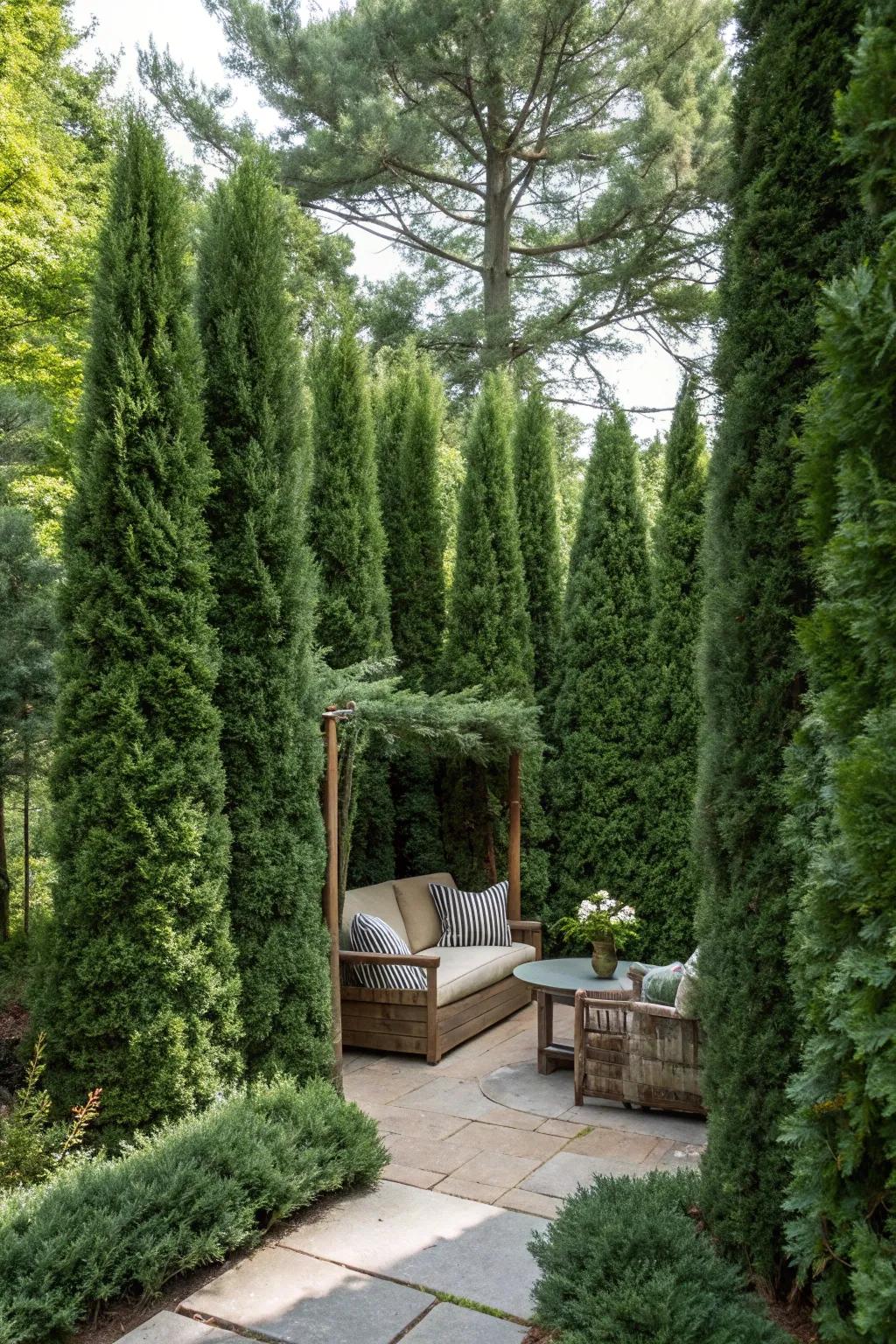 Unwind in a private garden nook encircled by Arborvitae.