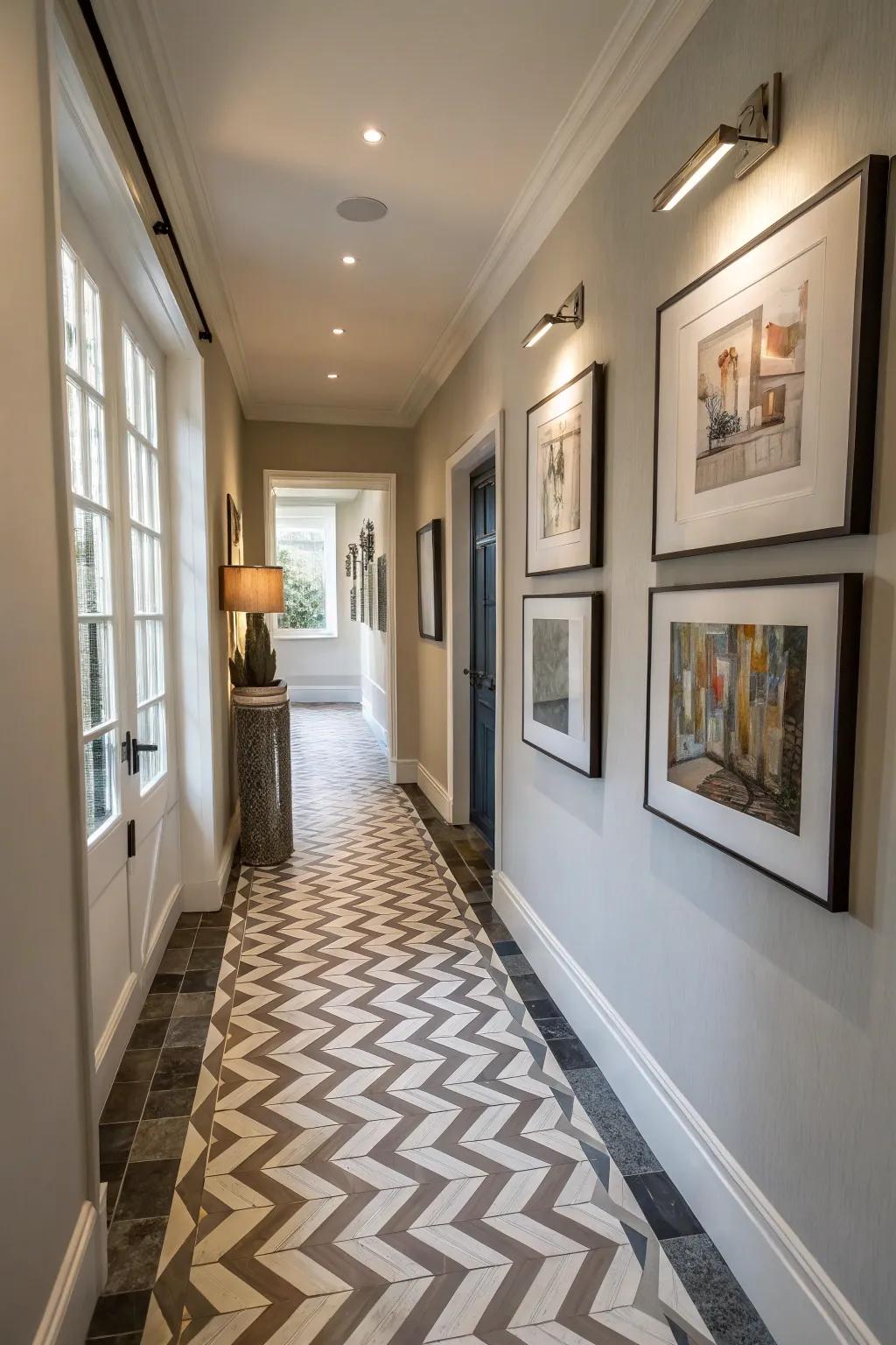 In this hallway, chevron tiles create dynamic movement and flow.
