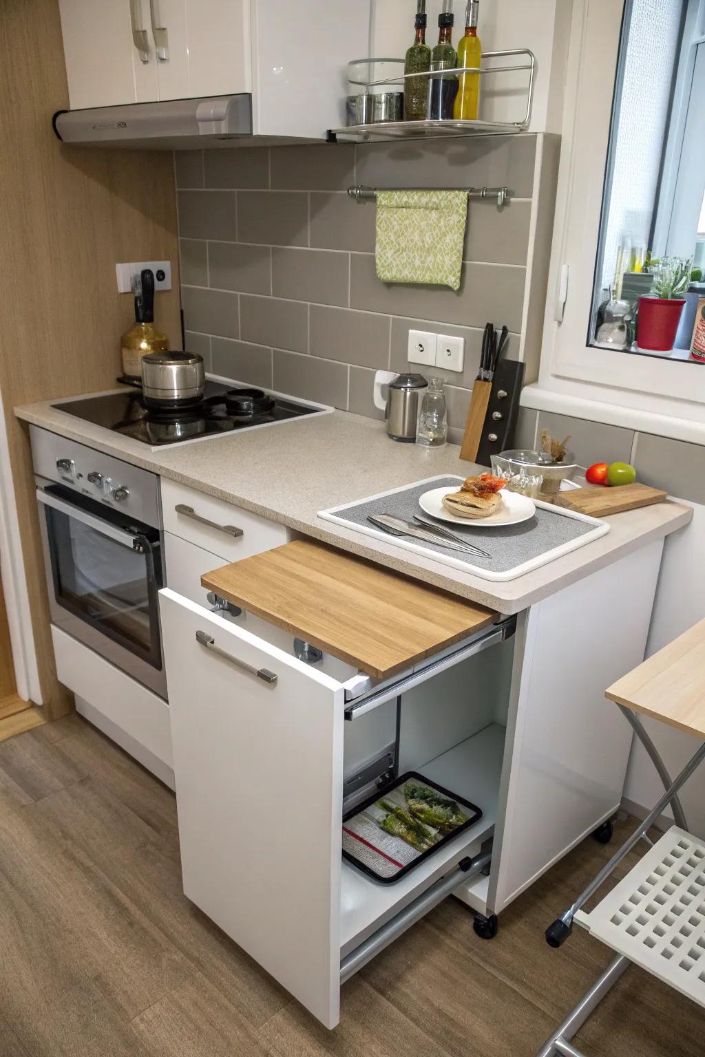Extendable countertops present functional workspace solutions within a small kitchen.