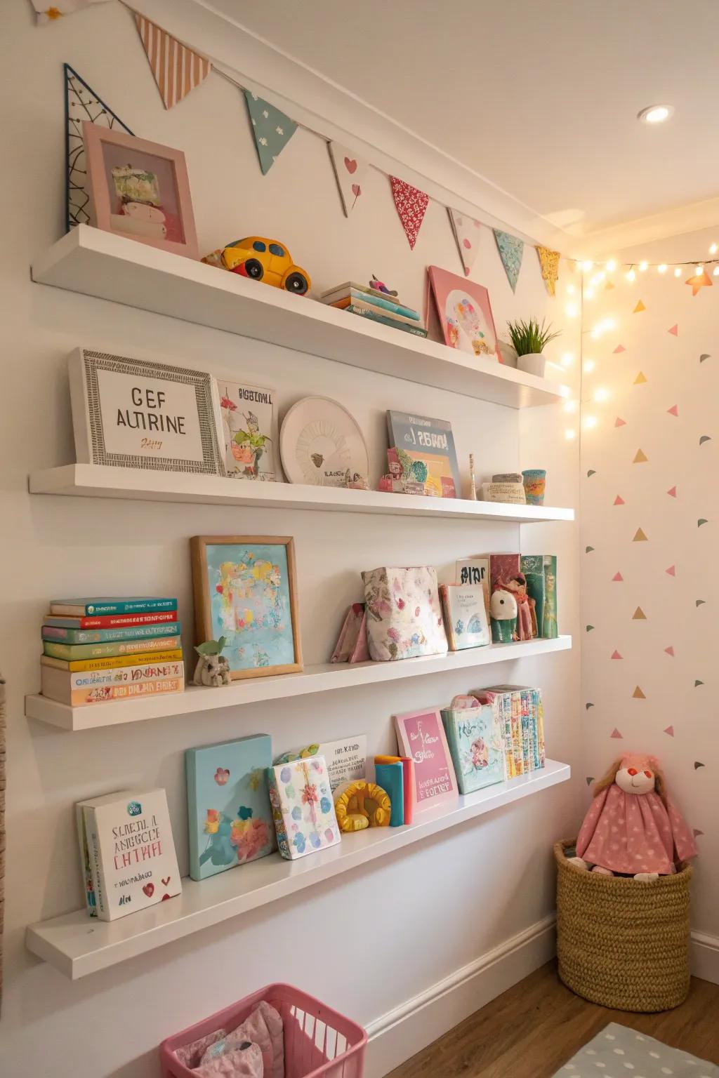 Wall shelves maximize space and showcase cherished items.