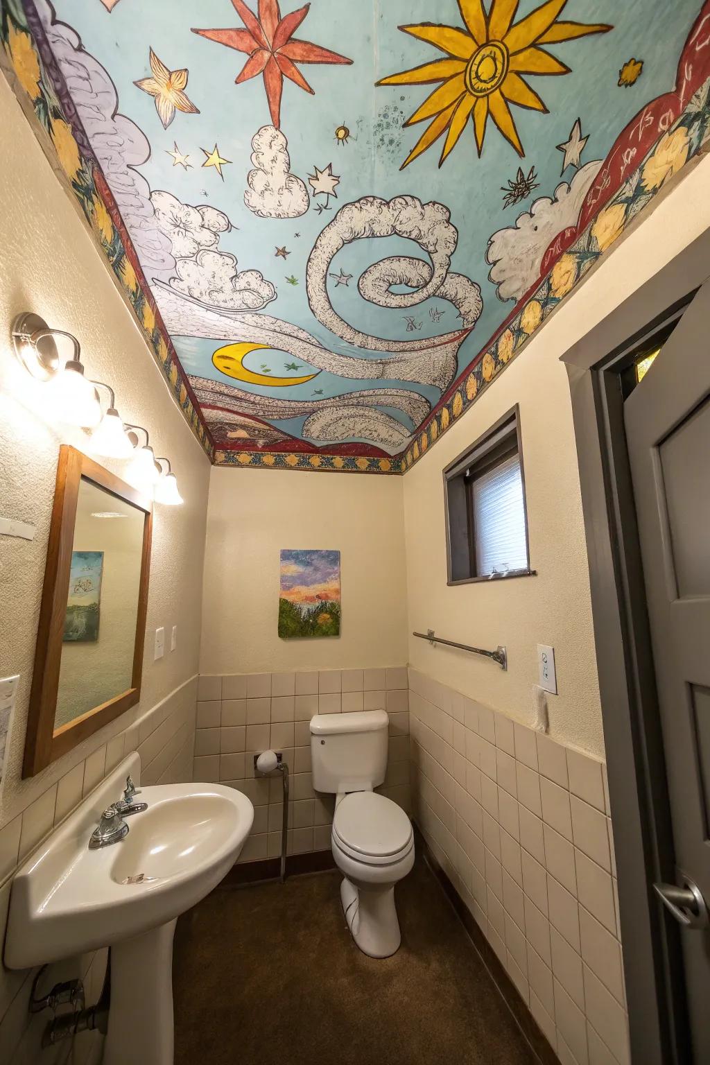 An imaginatively designed ceiling contributing interest to a washroom.