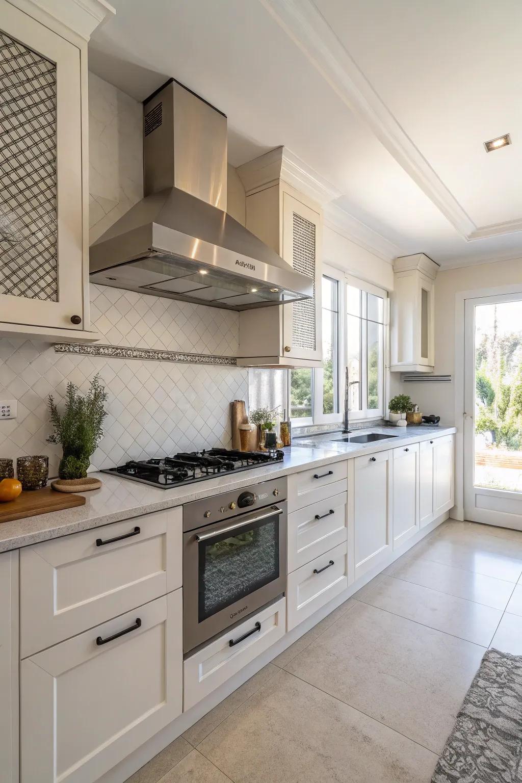 Vented cabinets offer practicality while keeping an elegant kitchen design.