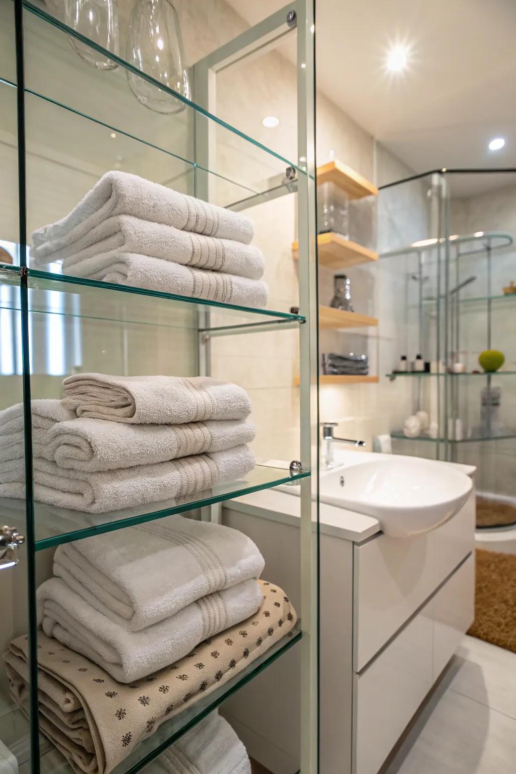 Glass shelves add a hint of sophistication to your towel storage.