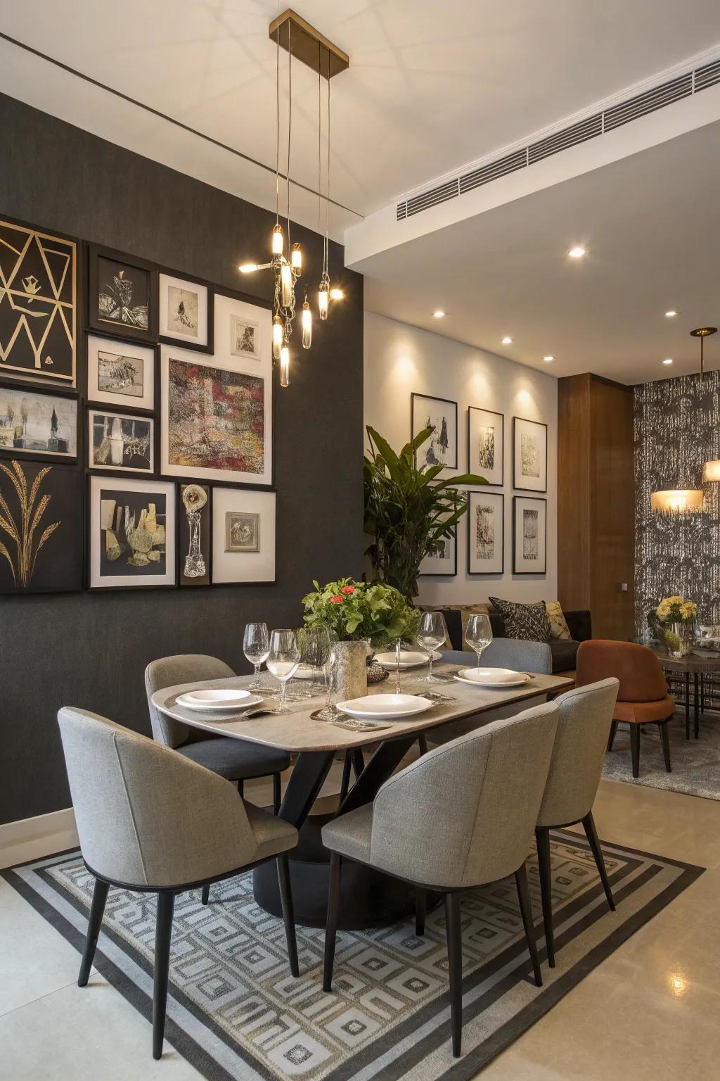 Dining space enhanced by a striking feature wall