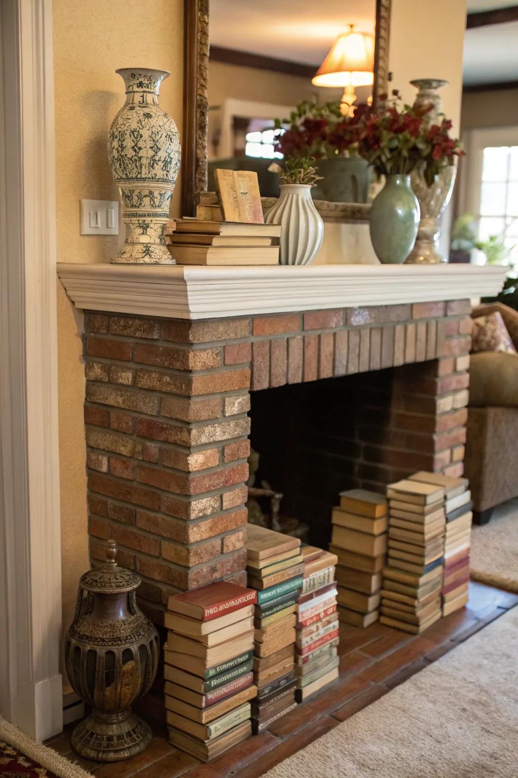 An empty fireplace becomes an artistic feature.