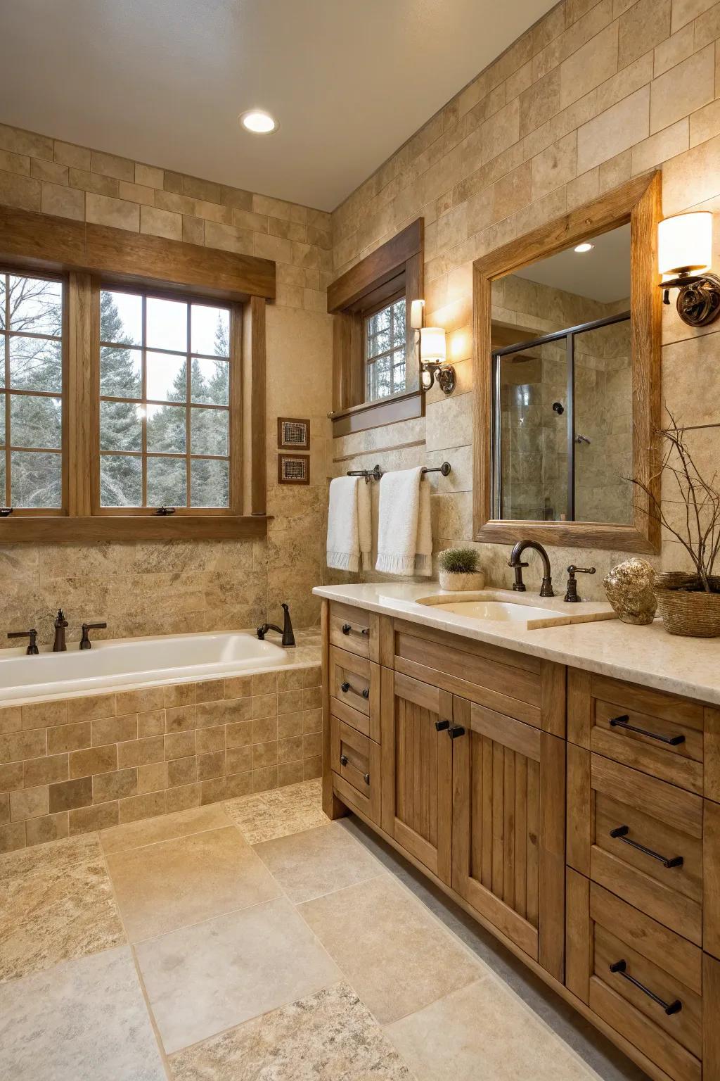 A travertine bathroom merging rustic charm with modern design components.