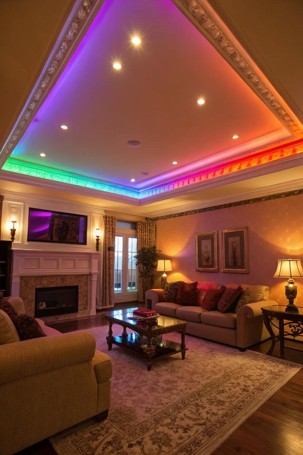 A vibrant living room features dynamic color-changing lights in the tray ceiling.