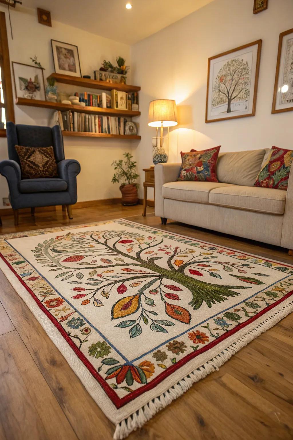 Arbor Vitae floor covering introduces warmth and design to a cozy living room.