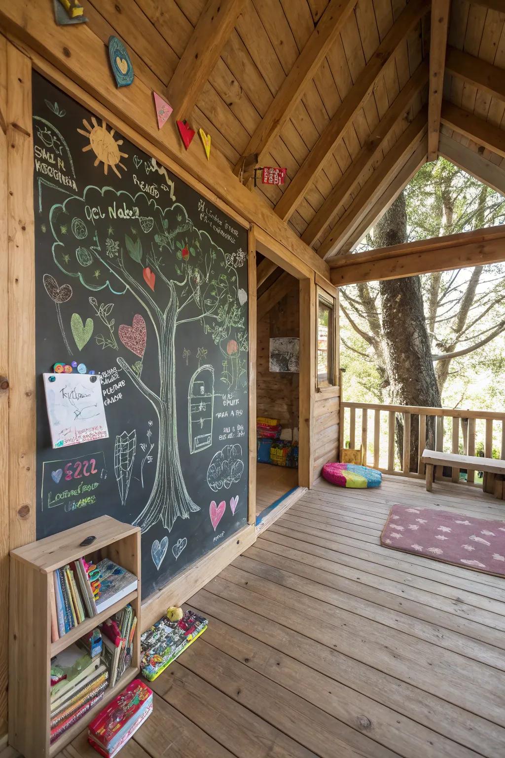 A creative writing board wall inside a treehouse, showcasing colorful drawings and messages.