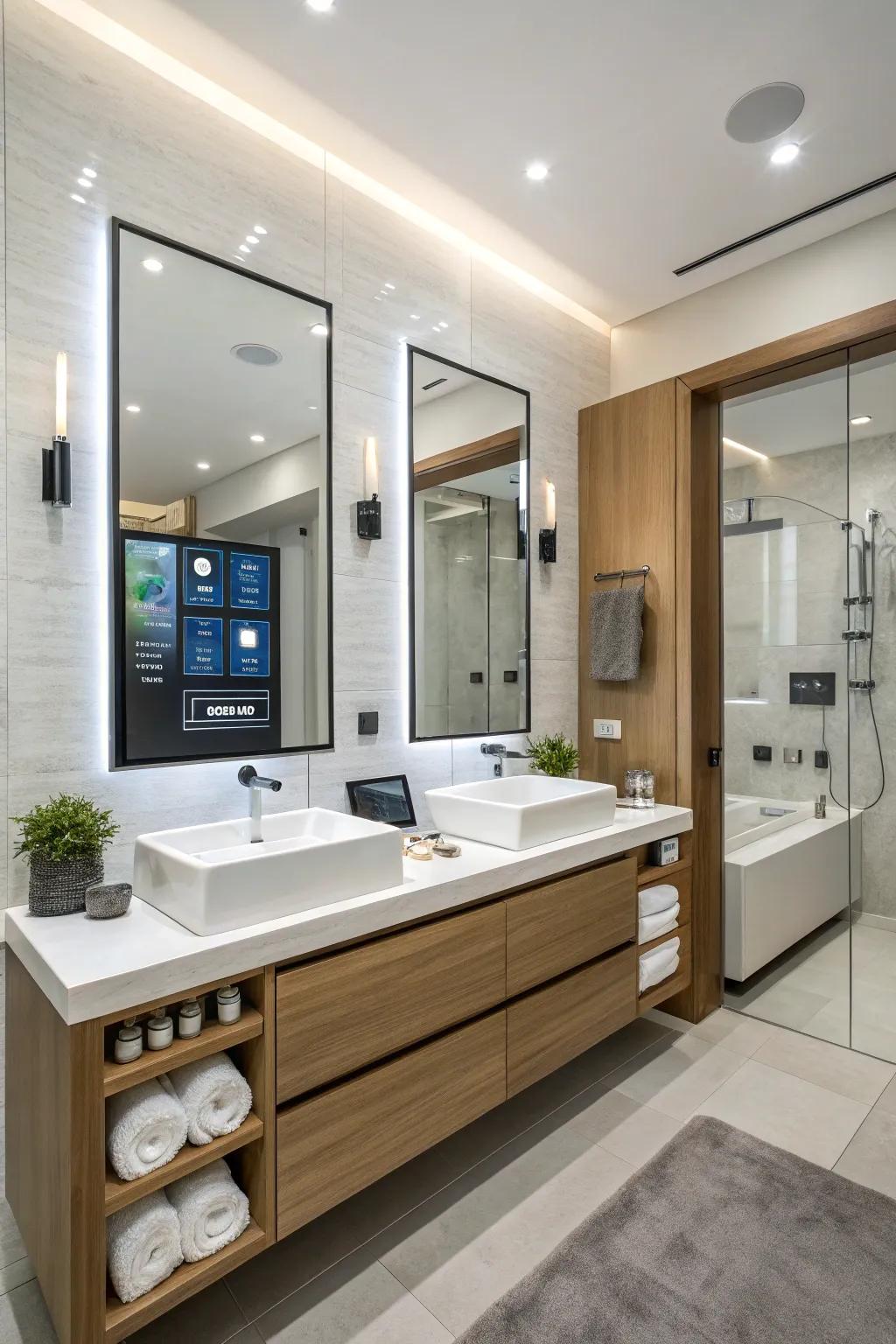 A modern bathroom vanity showcasing integrated technology for enhanced usefulness.
