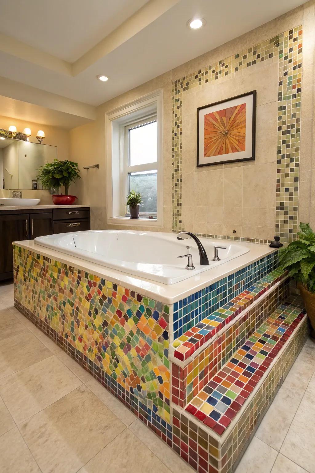A bath surround transformed into an artistic masterpiece with patterned tiles.