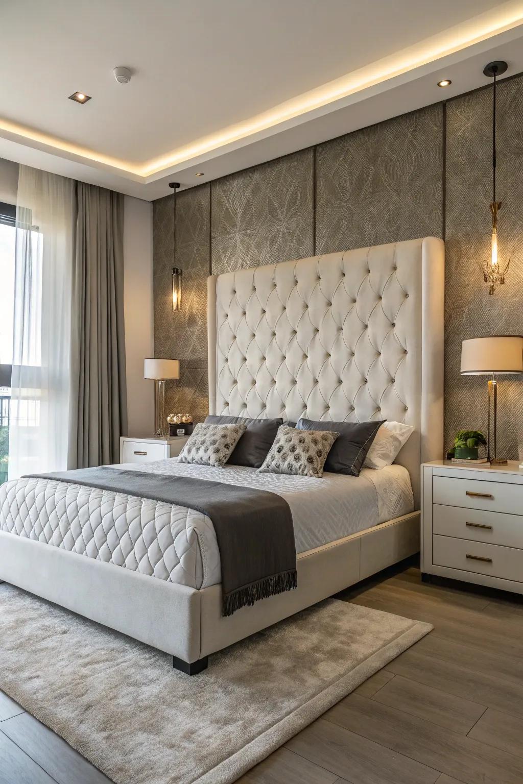 A contemporary bedroom with a monochrome tufted headboard.