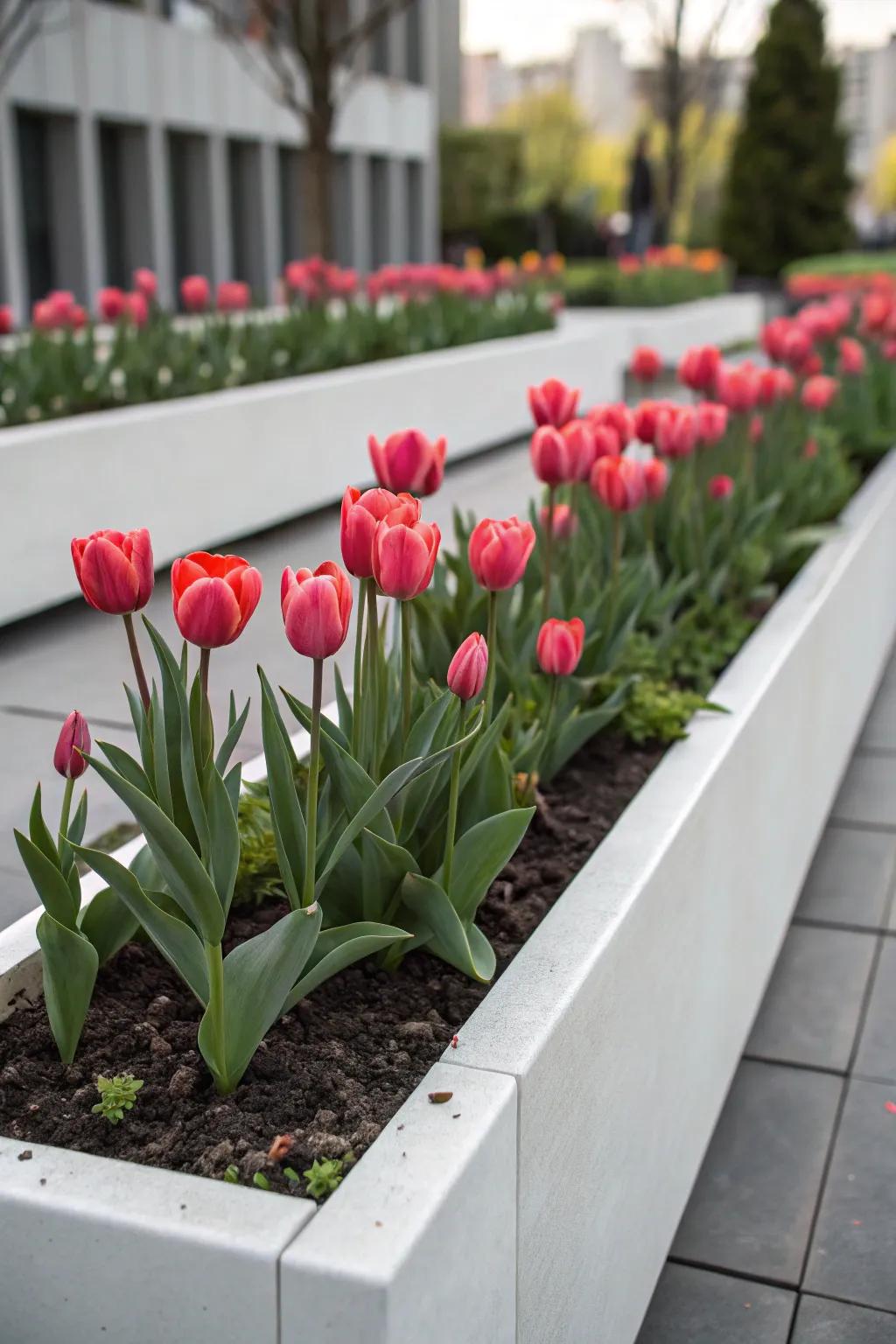 A garden bed featuring a monochrome tulip display for modern appeal.