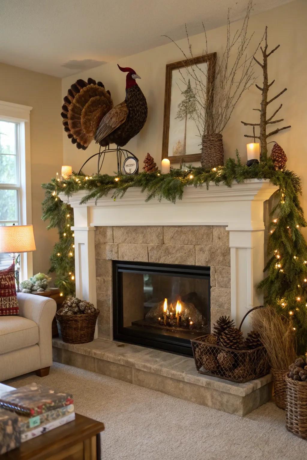 An outdoor-inspired mantel arrangement with a wildfowl display.