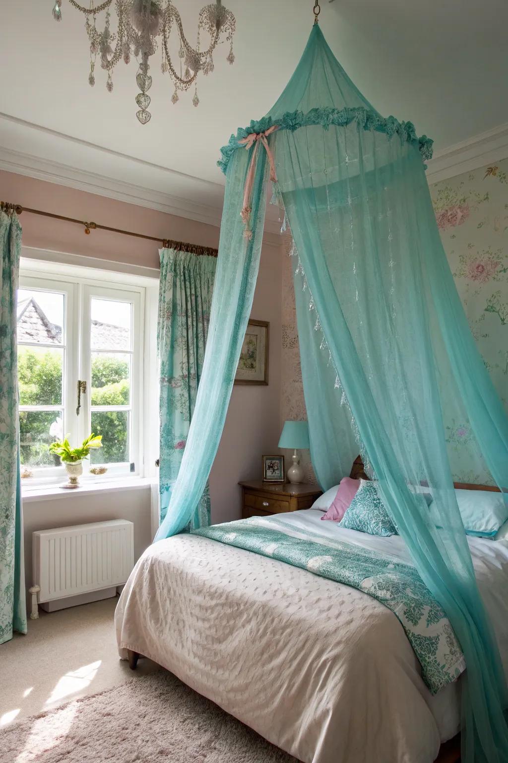 A turquoise canopy changes this bed into a dreamy escape.