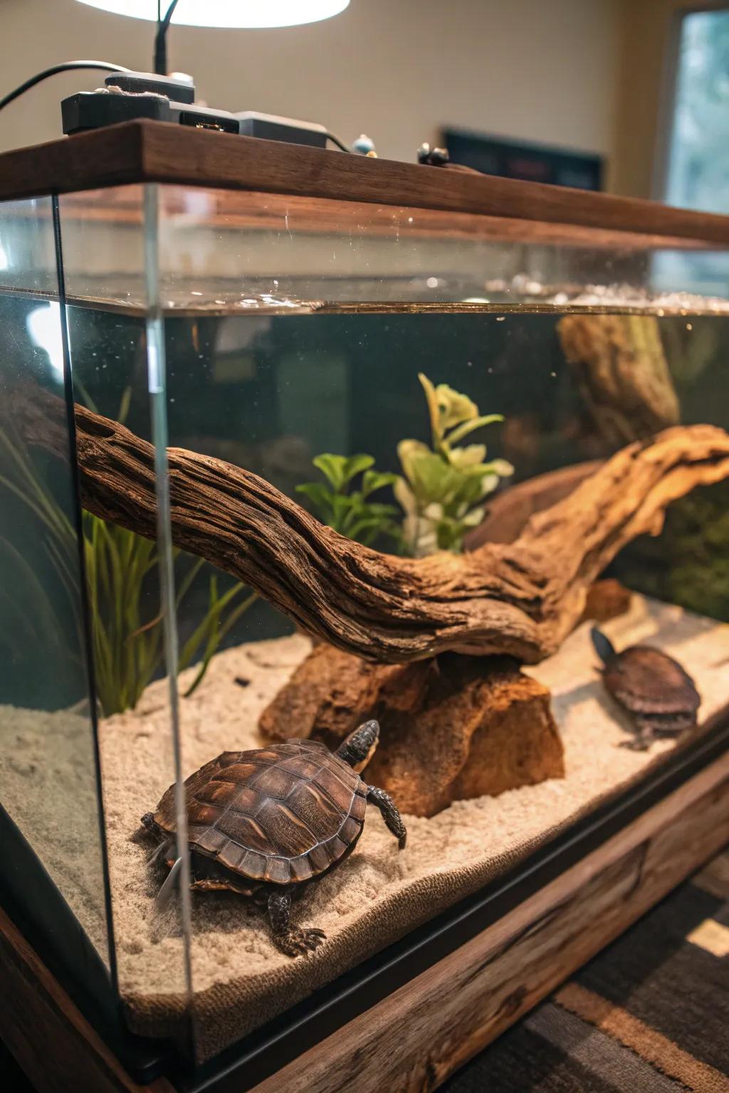 African wood appends a natural, grounded touch to the turtle's enclosure.