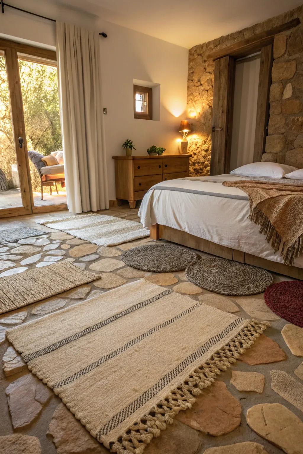 Layered rugs bring warmth and feel to your Tuscan bedroom.
