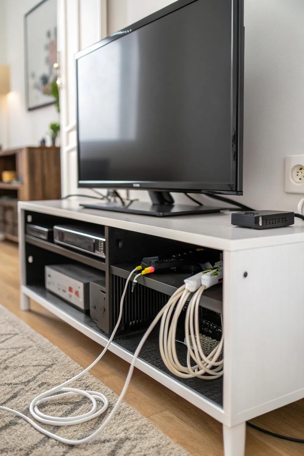 Ingenious cable management keeps your TV stand looking neat.