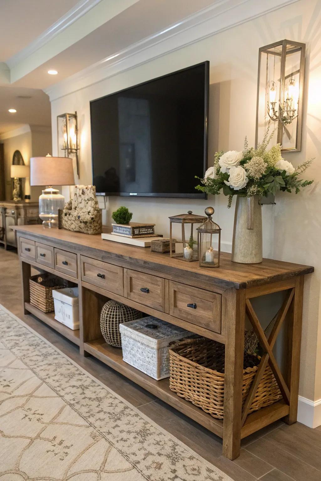 Spacious media tables offer style and storage.