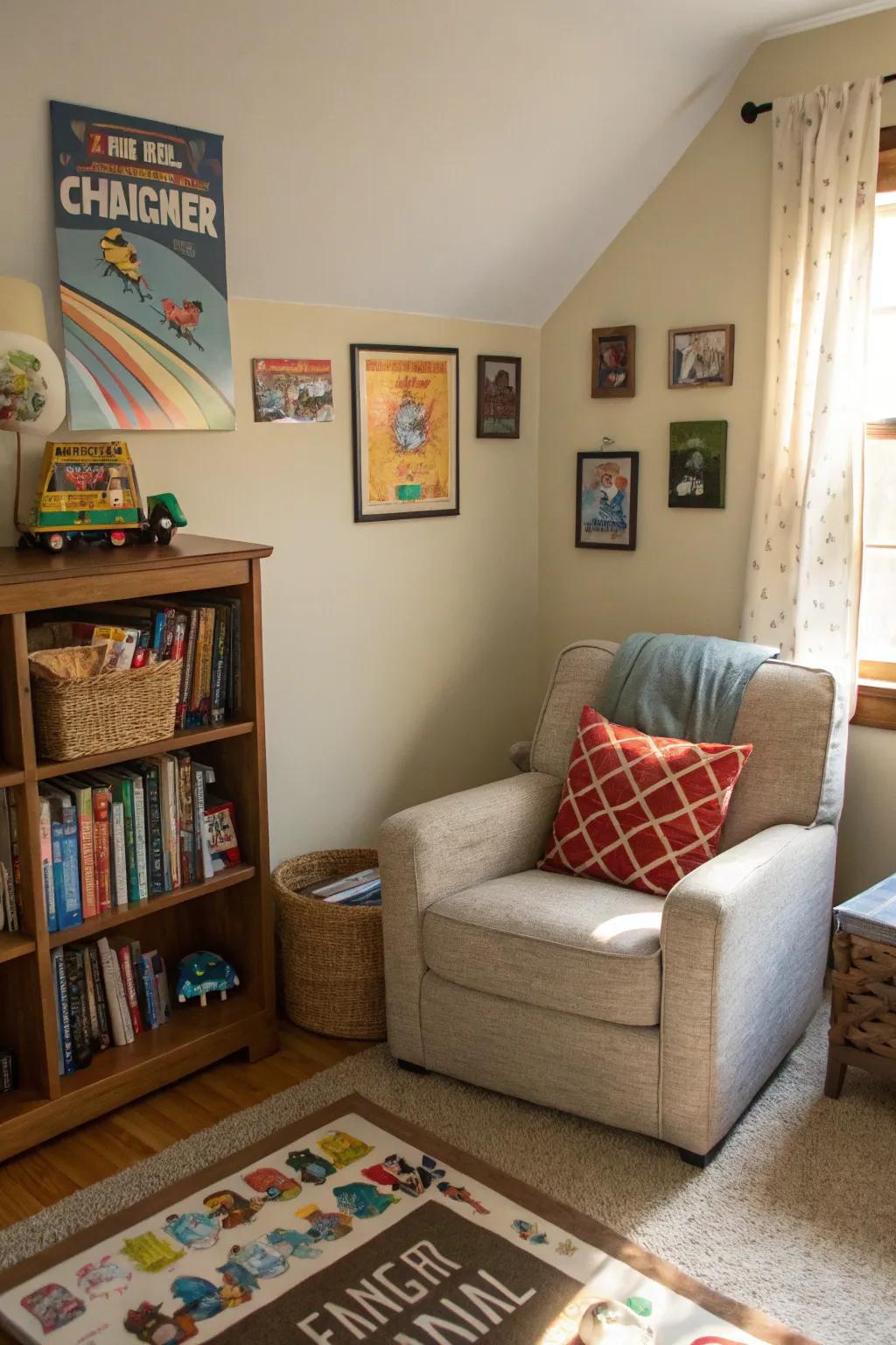 A cozy reading corner in a tween boy's bedroom.