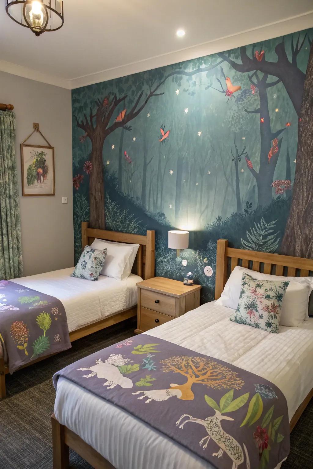 A wall mural changes the space into a world of imagination and dreams.