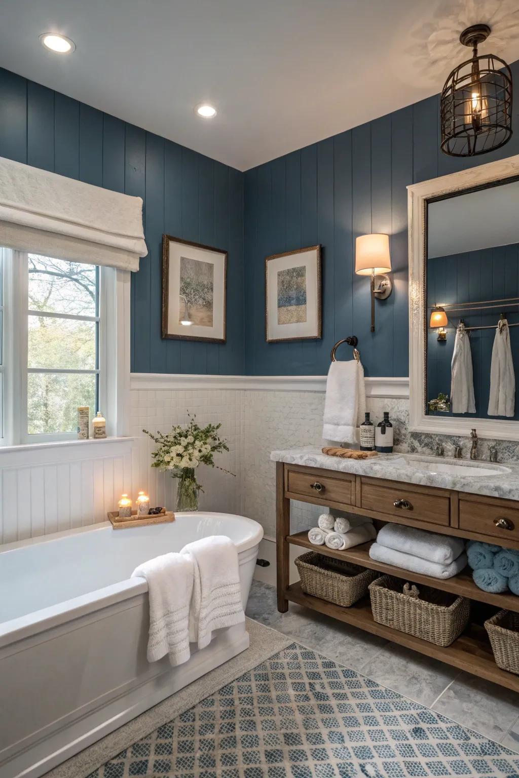 A reflective azure and white two-tone wall design that cultivates a relaxing atmosphere.