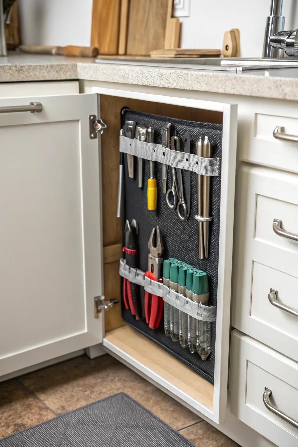 Magnetic strips help keep metal tools organized and accessible.