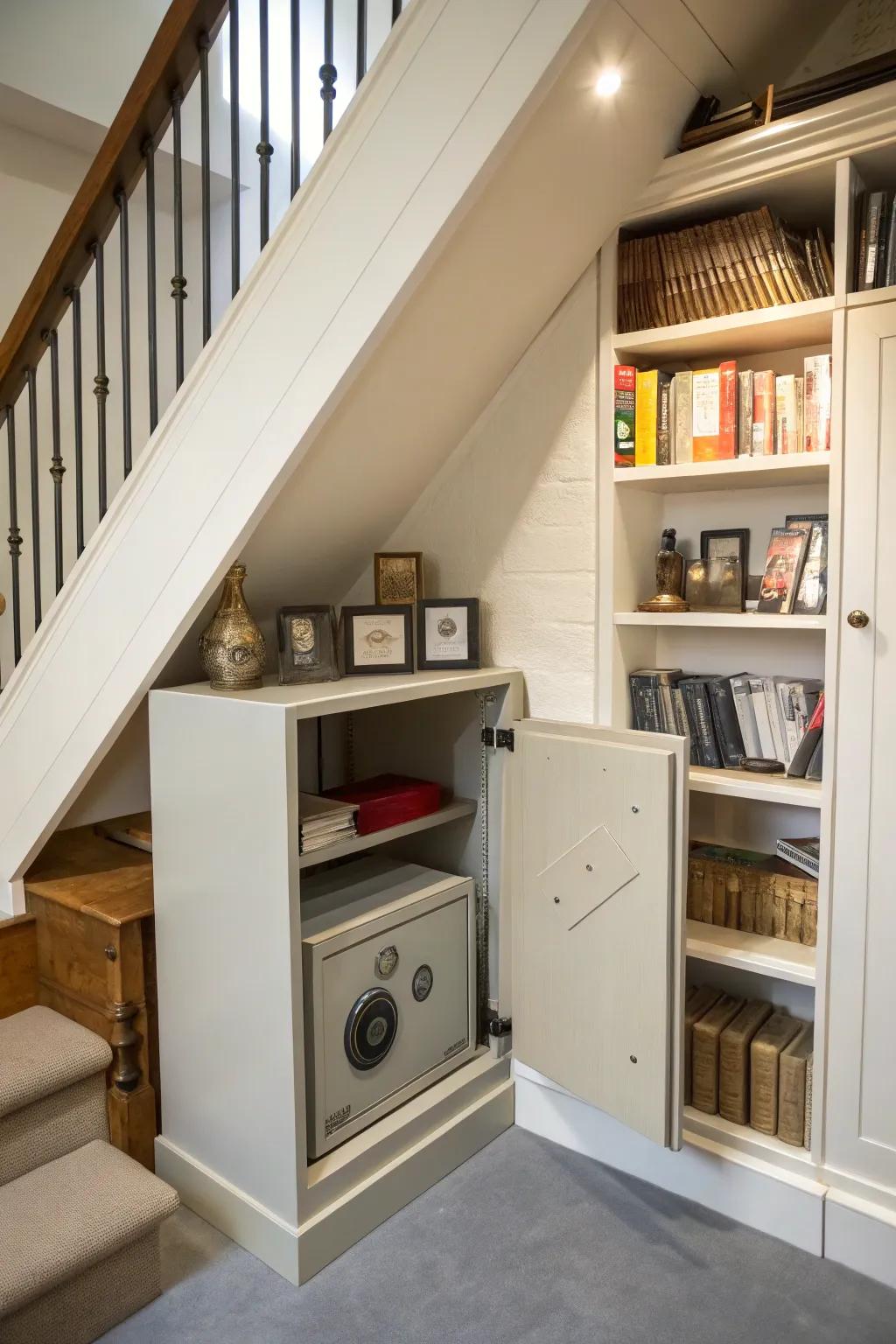A discreet safe haven for valuables beneath the stairs.
