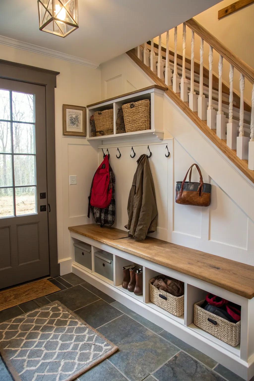 A practical entryway efficiently using space under the stairs.