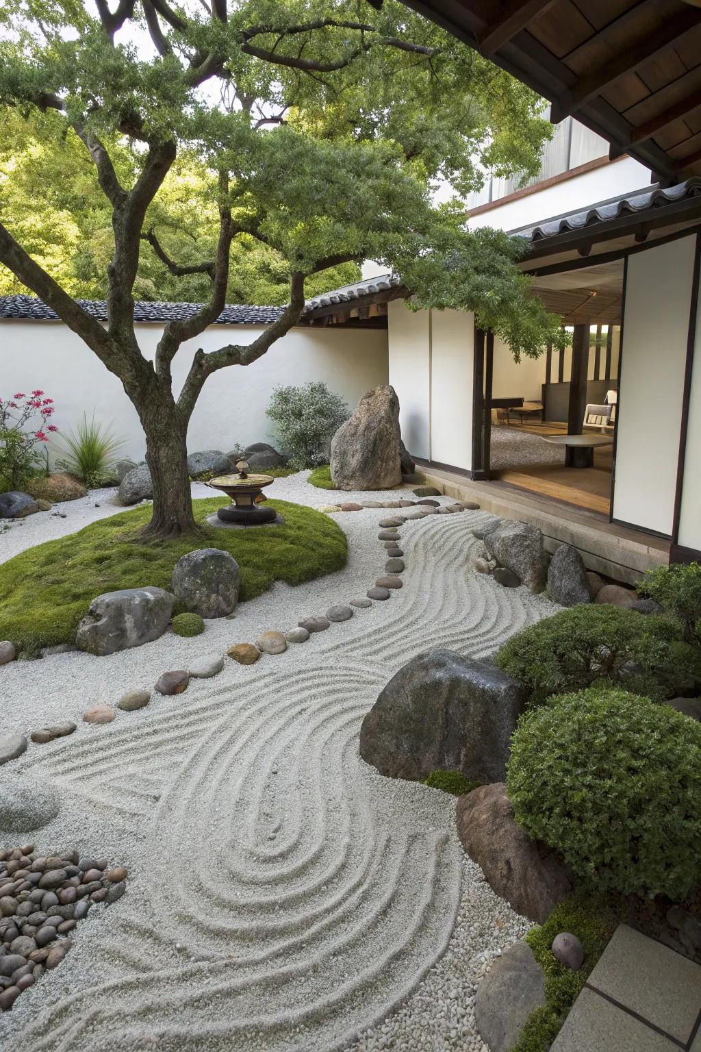 A Zen garden nook provides a serene escape beneath the tree.