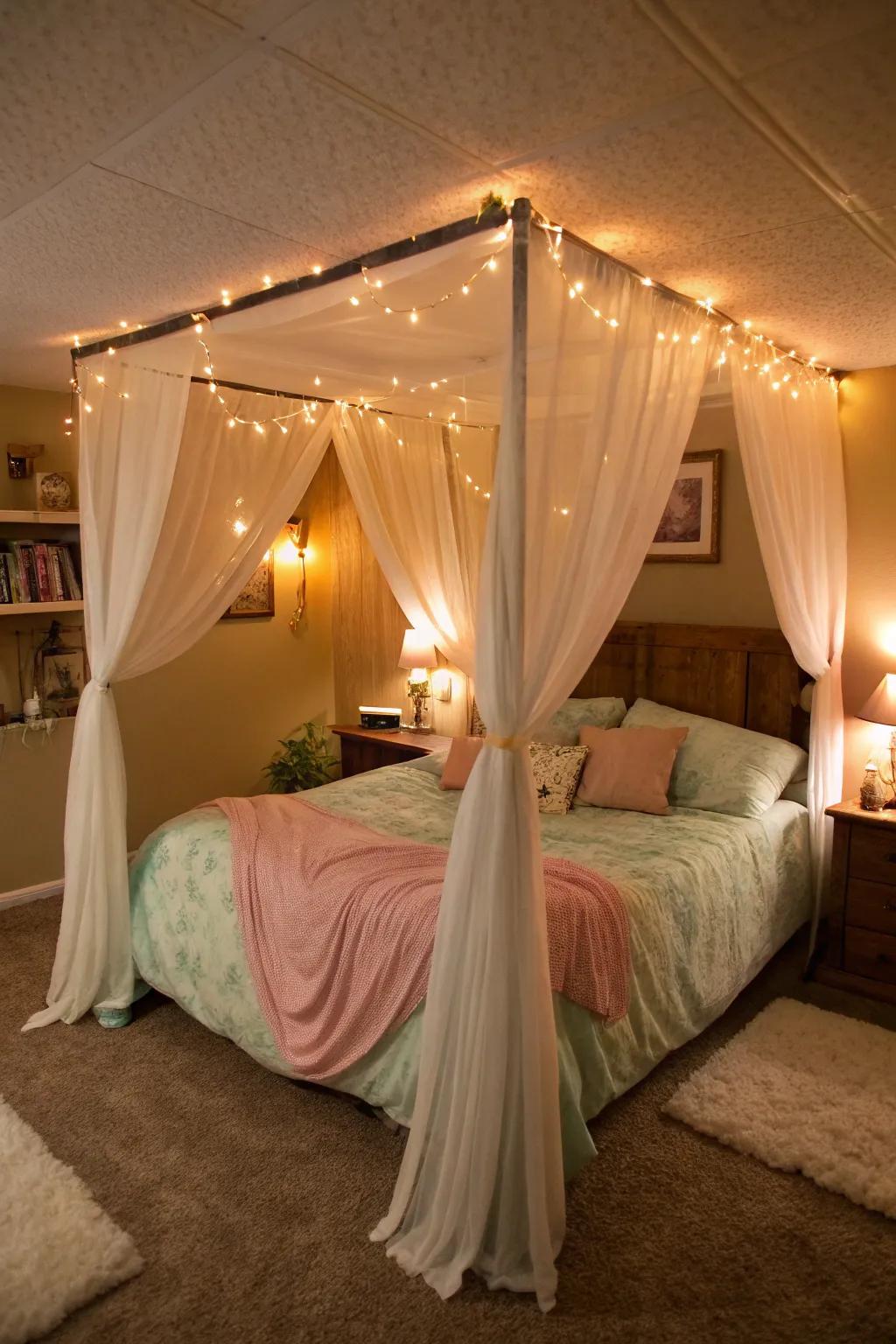 A canopy can inject intimacy and coziness into your basement bedroom.