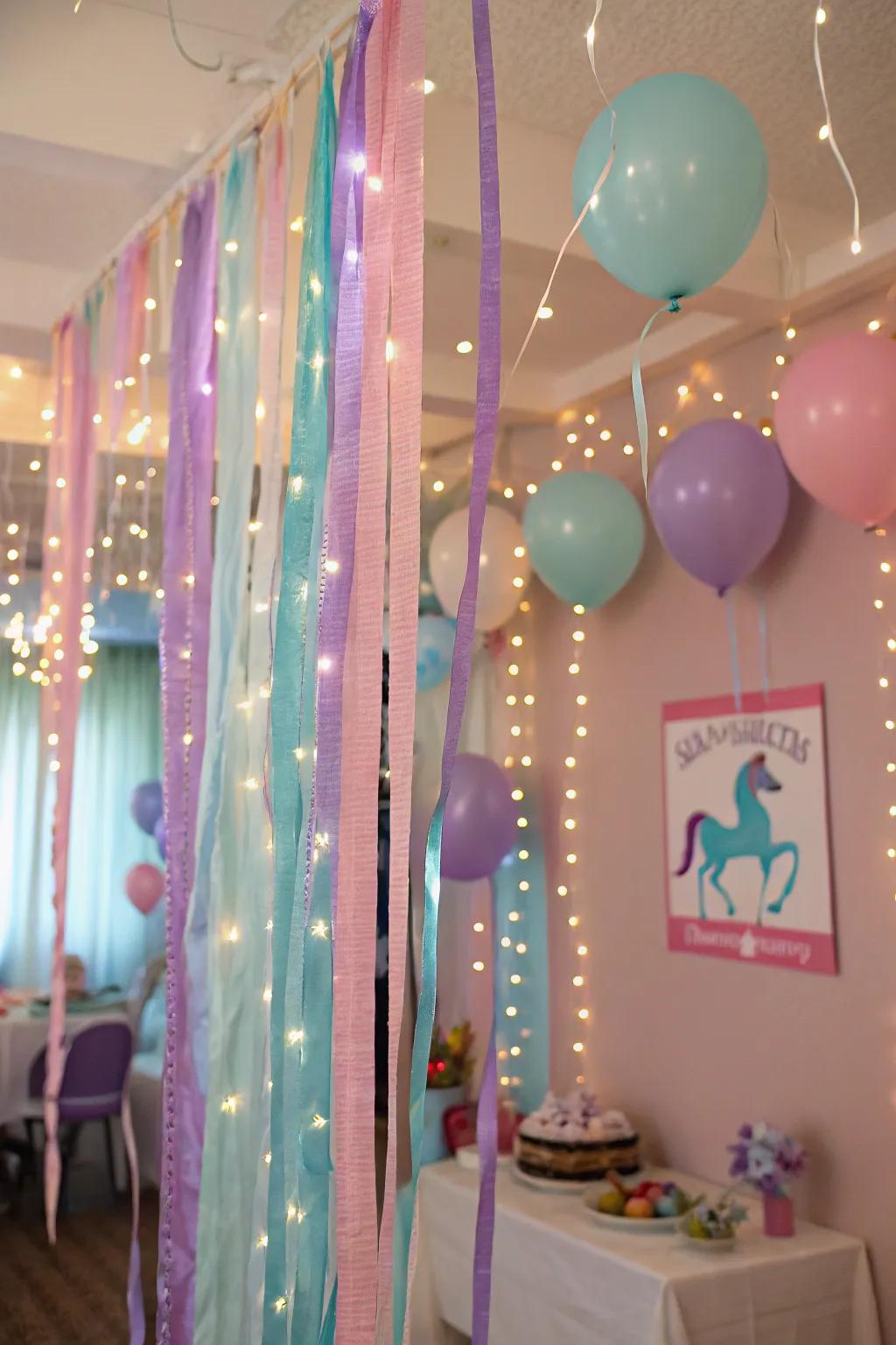 Captivating unicorn embellishments with soft-tone ribbons and twinkle lights.