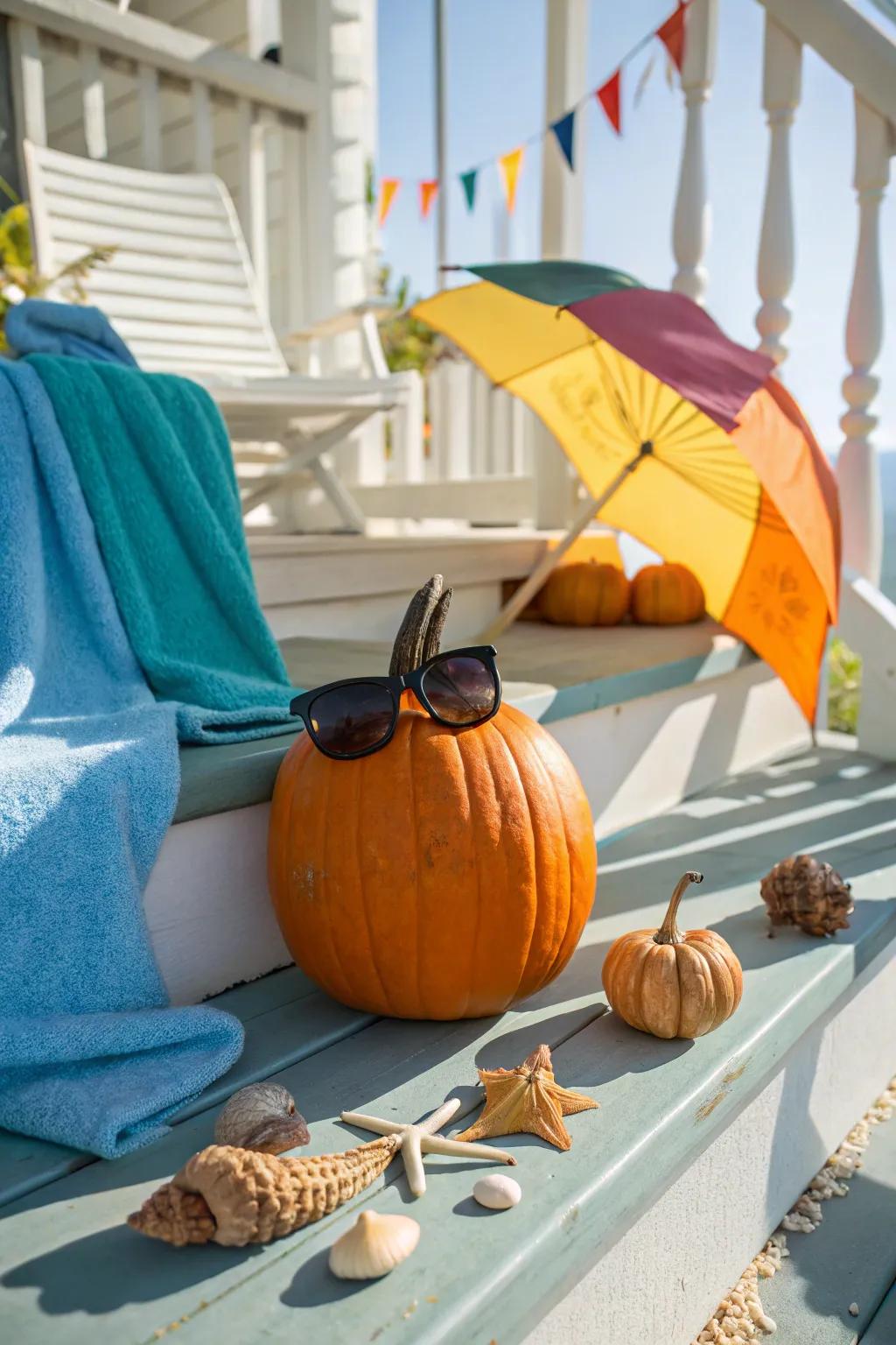 A summer-loving pumpkin flaunting stylish sunglasses.