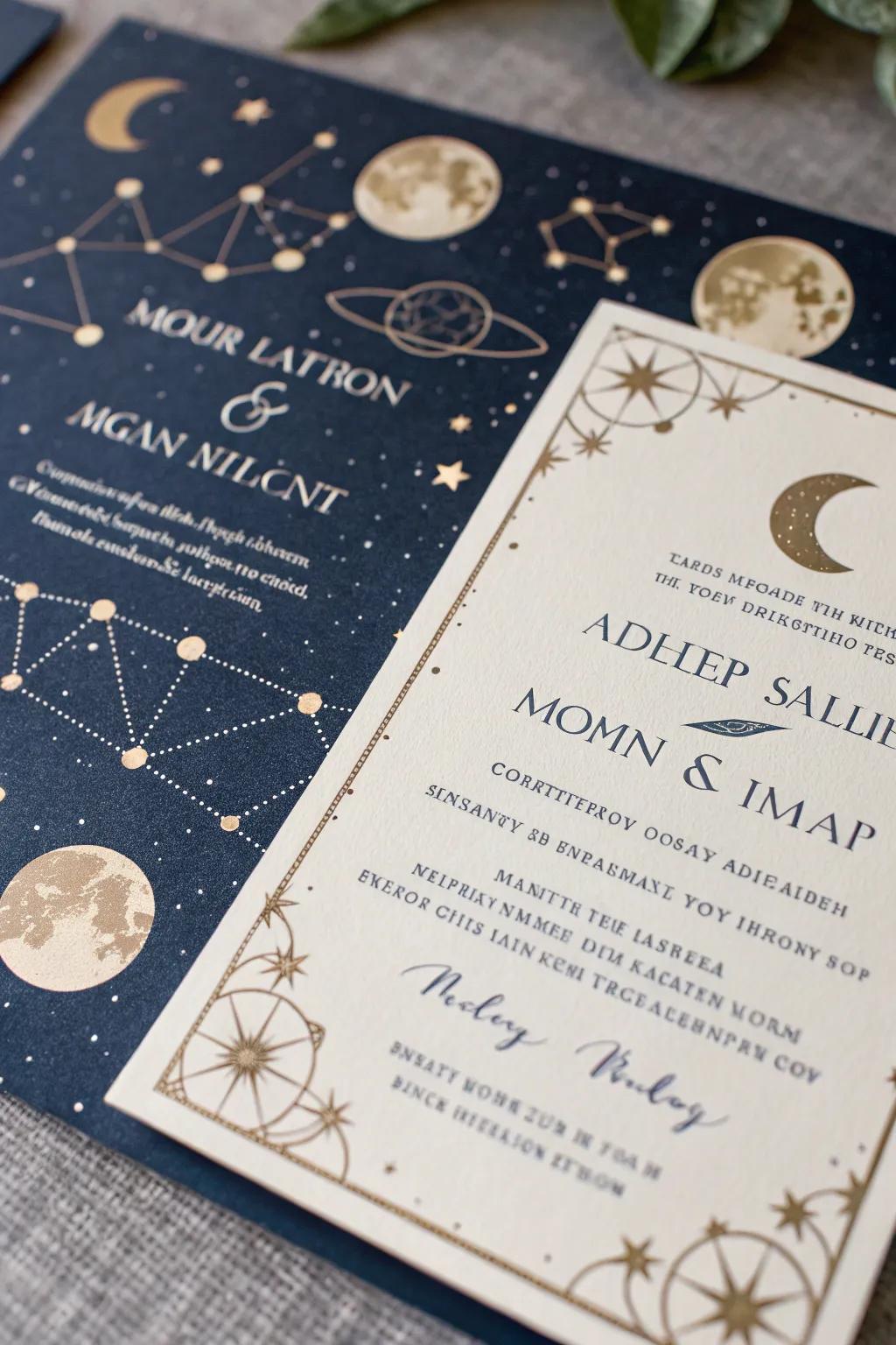 Starry night themes add a touch of magic to wedding invitations.
