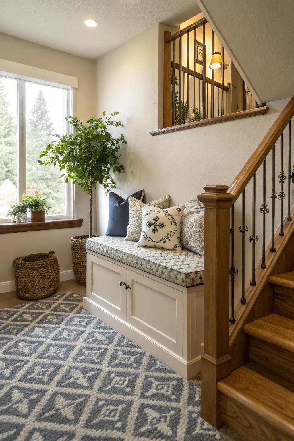 A seating bench adds practicality and style to the upstairs landing.