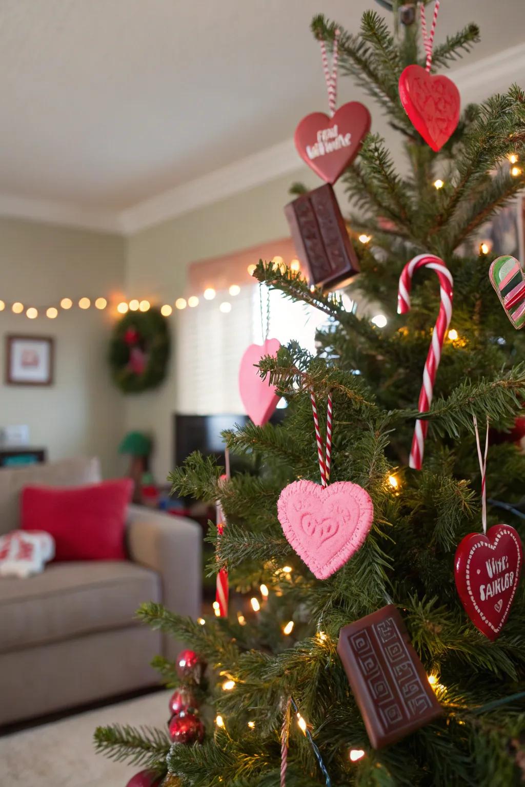 Candy hearts add a playful and sweet touch to your Valentine's tree.