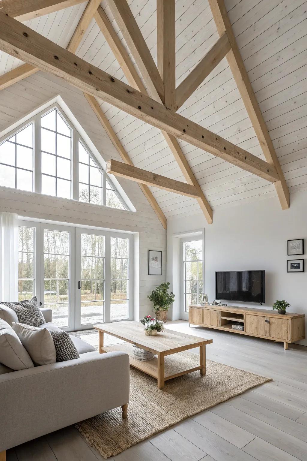 Nordic simplicity achieved with pale timber beams on a vaulted ceiling.