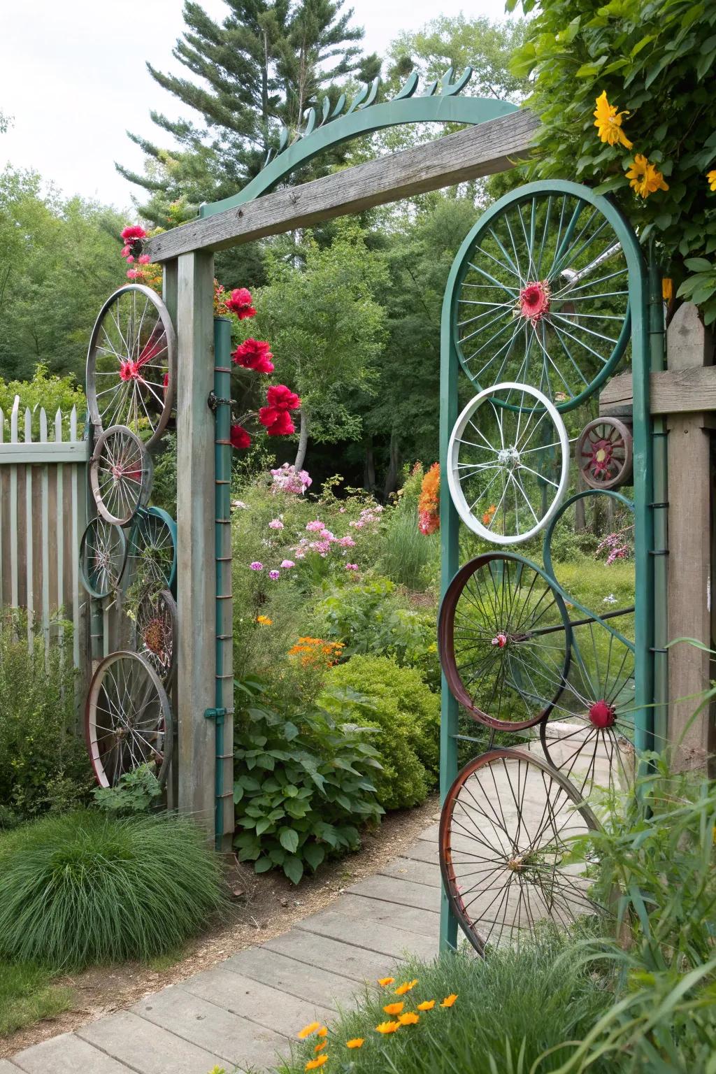 A creative gate showcasing upcycled cycle rims.