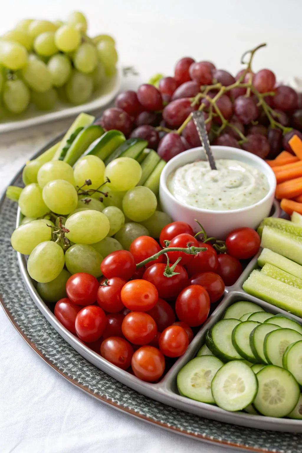 Veggie platter featuring a balanced mix of fruits and veggies.